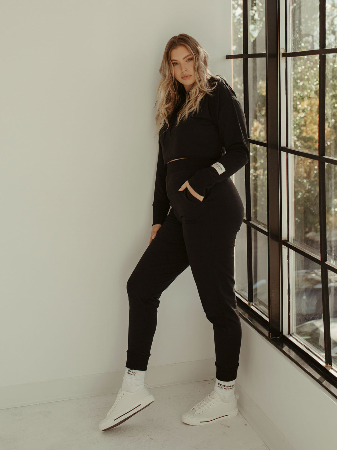 Black cropped hoodie and jogger set sale